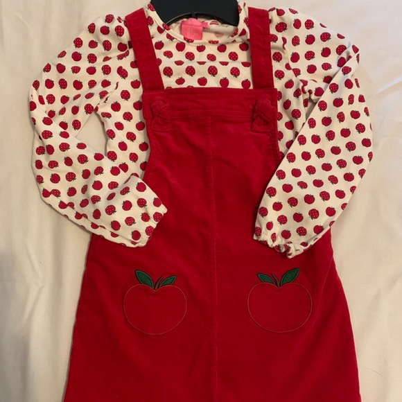 Girls Isaac Mizrahi Red Corduroy Dress with Matching Long Sleeve Apple Shirt - Picture 1 of 6